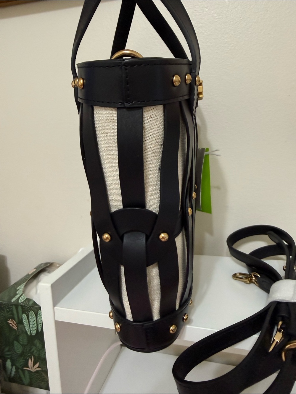Sam Edelman Black and Cream Striped Leather-Trim Bucket Tote - Picture 4 of 12